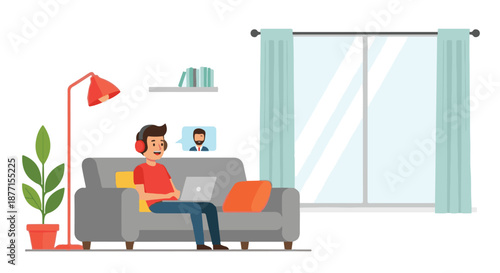 Man on a sofa using a laptop for a video call in a home office setup