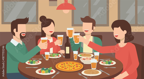 Friends enjoying a cheerful evening dinner at a restaurant, toasting with drinks and sharing a delicious meal together, celebrating friendship and good times