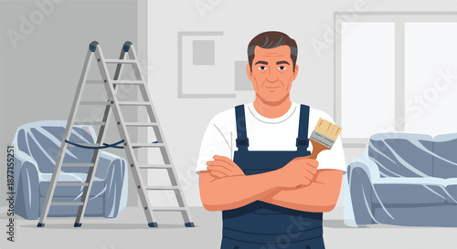 Professional painter holding a paintbrush, standing with arms crossed in a room with furniture covered in protective plastic sheeting and a ladder