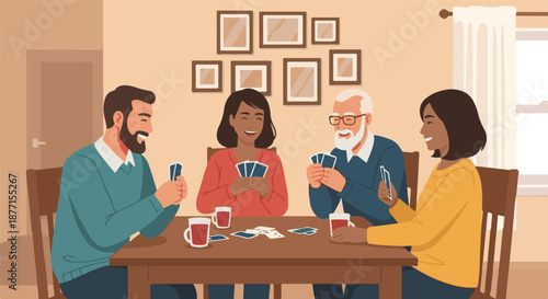 A diverse group of friends enjoying a game of cards together around a table in a cozy dining room, sharing laughter and camaraderie