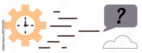 Productivity, time tracking, workflow planning, problem-solving, cloud computing, and efficiency. A gear with a clock, lines suggesting motion a speech bubble and a cloud. Time tracking