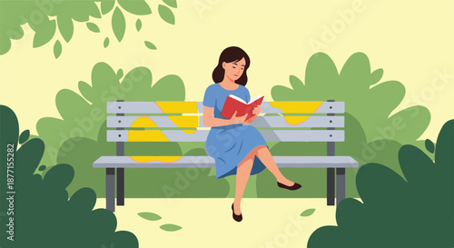A young woman enjoys a peaceful moment reading a book on a park bench surrounded by lush green trees and foliage on a sunny day