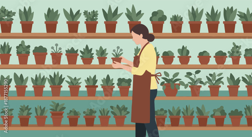 Woman tending to houseplants in a nursery or garden center, surrounded by shelves stocked with potted plants