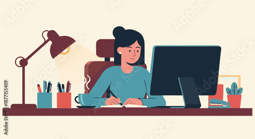 A woman is working on her computer at a desk with a lamp, pens, and a notebook