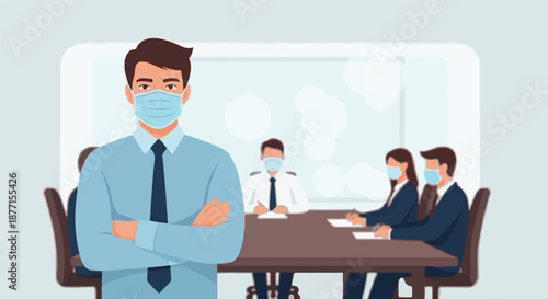 Professional business team meeting with masks on, promoting safety and well-being in the workplace during a pandemic