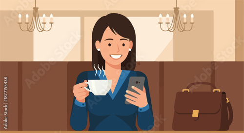 A smiling businesswoman enjoying a cup of coffee while browsing on her smartphone at a cafe table with a briefcase nearby