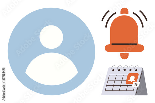 User notifications, task scheduling, digital reminders, productivity, organization, online alerts. Blue profile icon, red notification bell and a calendar marked with a reminder. User notifications