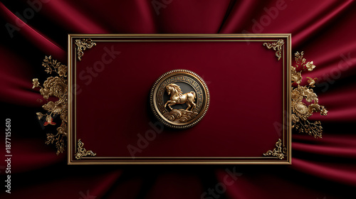 Luxury chinese background festive oriental background red velvet curtain with golden horse emblem frame elegant celebration design