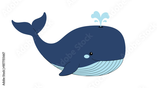 Cute dark blue whale illustration with a water spout for children's marine biology and ocean conservation themes.