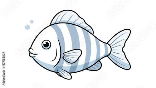 Light blue and white striped fish cartoon character swimming in water with bubbles for children's sea life themes.