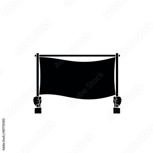 Protest banner held by two fists black and white illustration.