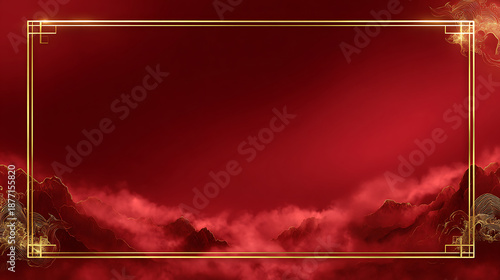 Luxury chinese background with red cloud landscape and elegant gold frame creates festive oriental background design for celebration card template and seasonal greeting banner