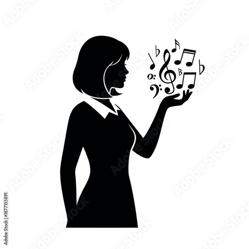 Silhouette of woman holding musical notes.