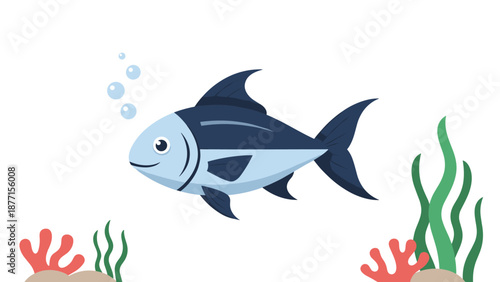 Blue and grey fish swimming amongst colorful coral and seaweed in a vibrant underwater ocean scene for children.