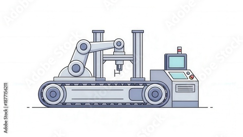 Industrial robotic arm working on manufacturing conveyor system in factory