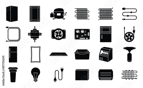Assorted Refrigerator and Appliance Components Icons Black Silhouette Set