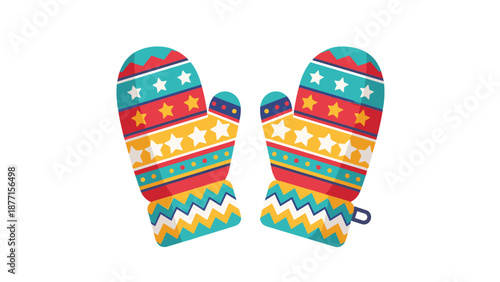 Pair of colorful knitted winter mittens with star and geometric patterns for cold weather clothing and holiday warmth.