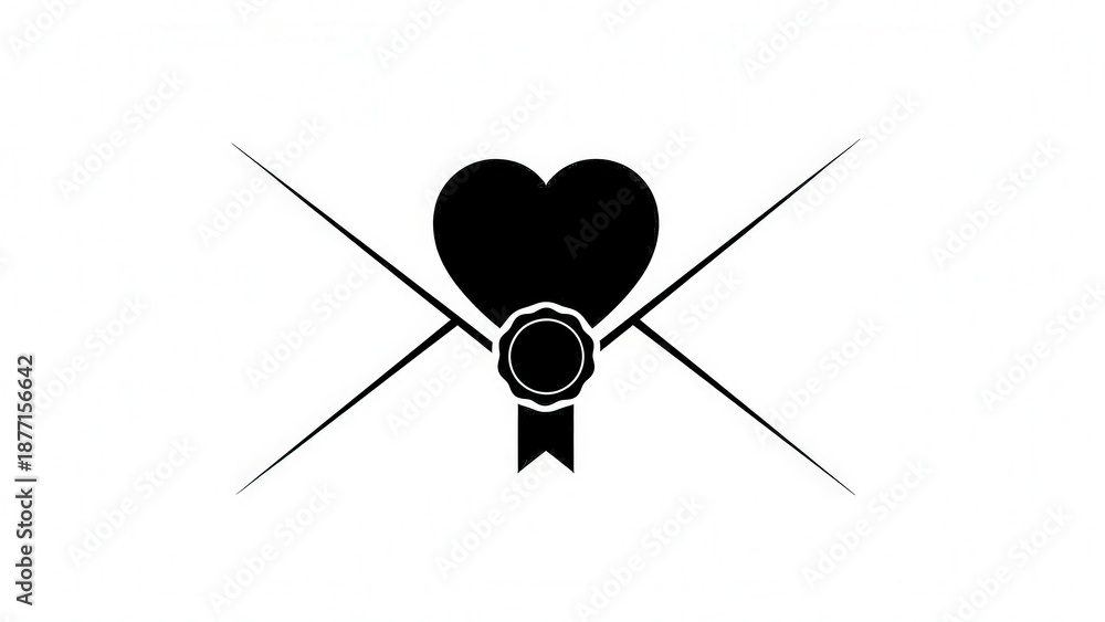 Fototapeta premium Minimalist Black Heart with Ribbon Icon for Love or Romance Themes