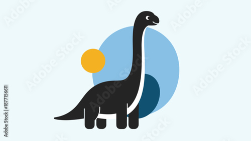 Stylized black and white diplodocus dinosaur illustration on a light blue background for prehistoric animal themes.