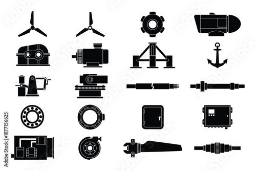 Collection of industrial machinery and engineering components in silhouette