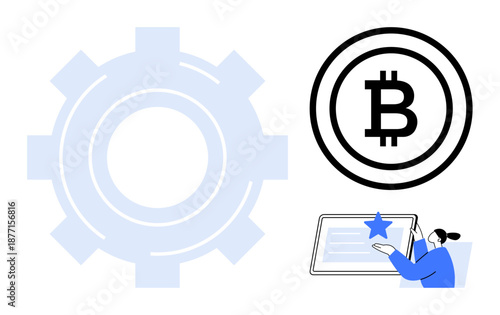 Blockchain, cryptocurrency, digital services, fintech, decentralization, online interactions. Bitcoin logo, gear shape and person interacting with digital tablet. Blockchain and cryptocurrency