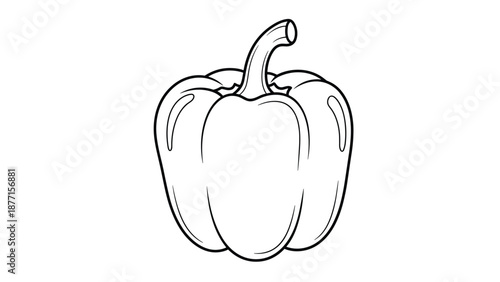 Minimalist line art illustration shows a single bell pepper with its stem on a clean white background for coloring or design.