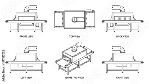 Detailed Technical Drawing: Industrial Conveyor Oven Isometric & Orthogonal