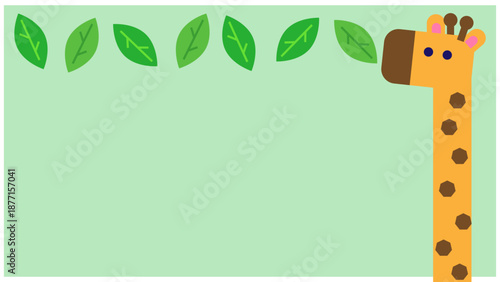キリンのキャラクターと葉っぱのフレームで構成したナチュラルでかわいい背景イラスト