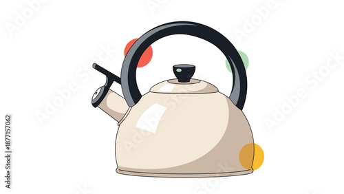 Cream colored stovetop kettle with a black handle features several colorful circles floating around it in a playful kitchen design.