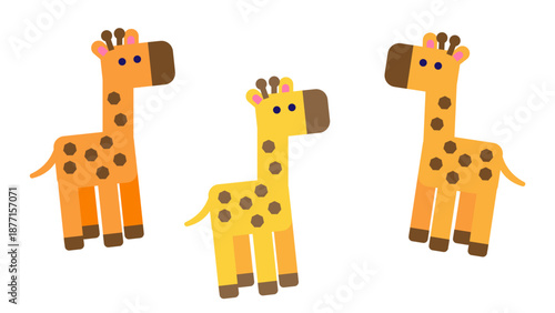 複数のキリンのキャラクターを並べた子供向け・知育向けのかわいいイラスト素材