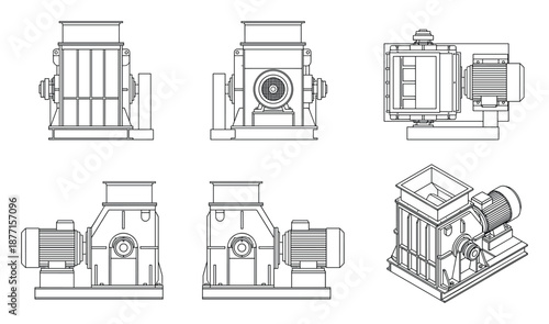 Technical blueprint drawing of an industrial shredder machine, design view