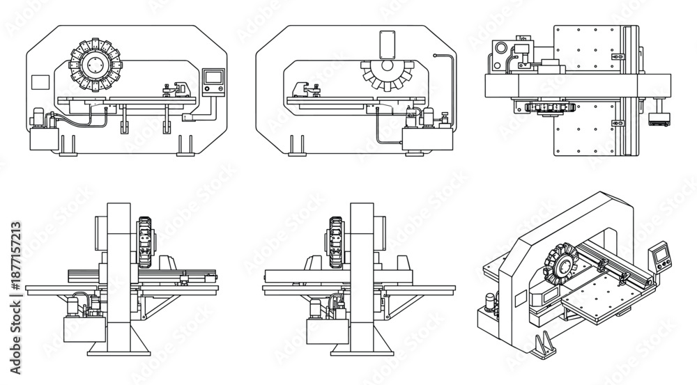 Obraz premium Precise Blueprint Depicting Metalworking Machinery Technical Drawings Set