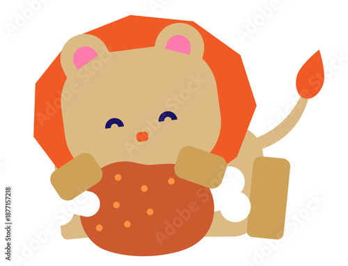お肉をおいしそうに食べるライオンのキャラクターで表現した食事・満足・元気なイメージイラスト