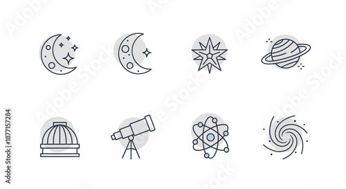 Set of astronomy and space exploration line icons with celestial objects.