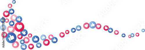 Floating wave of like love social media reaction emoji icons with thumbs up and heart icons for communication, internet, digital success, positive feedback, influence, popular, engagement