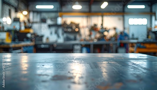 Wallpaper Mural 金属製作業台と工場内のぼかされた背景が印象的な製造現場の風景 Torontodigital.ca
