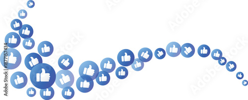 Thumbs up like emoji reaction icons forming a wave element, symbolizing online approval, positive feedback, social media emotion, communication, digital success, satisfaction, connection design