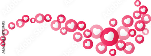 Social media heart reaction icons floating up in a wave, representing online approval, love engagement, positive feedback, like interaction, viral content, positive response design