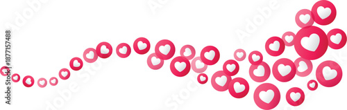 Flowing stream of love heart emoji icons button, symbolizing social media reactions, notification, feedback, engagement, communication, internet, approval design
