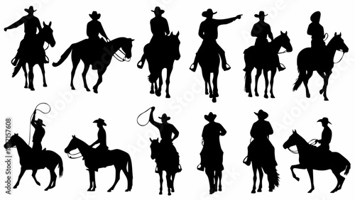 Cowboys riding horses in various poses and actions