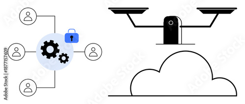 Data security, cloud computing, ethical decision-making, privacy protection, digital collaboration, fairness. Connected gears, users lock scale cloud graphic. Data security and ethical balance