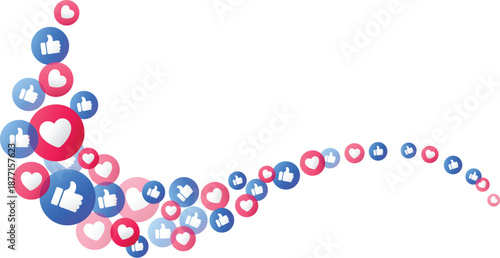 Social media waves of reaction icons with thumb up and heart symbols element for social media approval, positive feedback, digital communication, agreement, good review, emotional response design