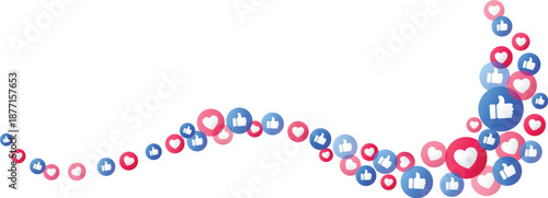 Floating stream of thumbs up and heart icons social media reactions buttons for online engagement, digital communication, internet marketing, popularity, feedback, approval design