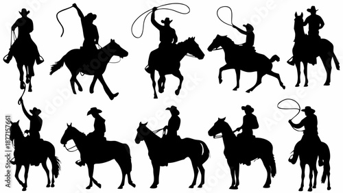 Cowboys riding horses with lassos in various roping actions