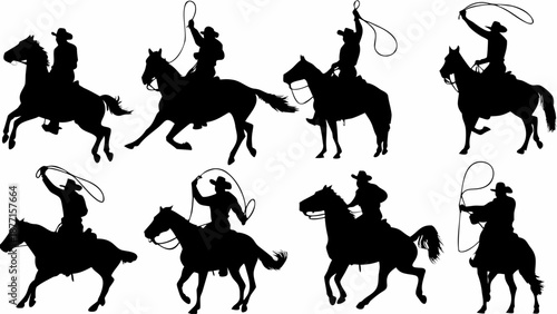 Cowboys riding horses with lassos in western motion silhouettes