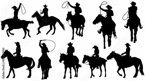 Cowboys riding horses with lassos in western silhouettes