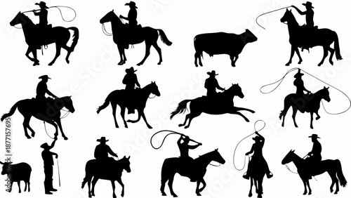 Cowboys herding cattle with horses and lassos in action