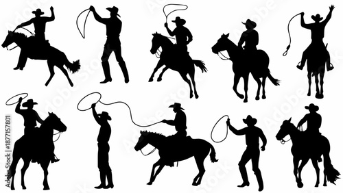 Cowboys and cowgirls in action with horses and lassos