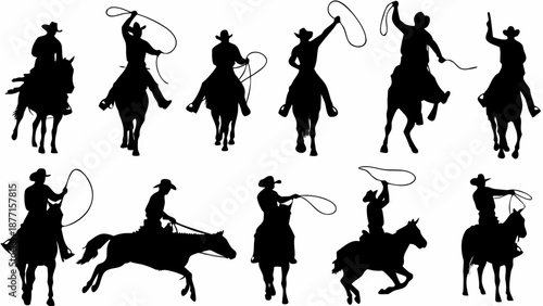 Cowboys riding horses with lassos in various dynamic poses