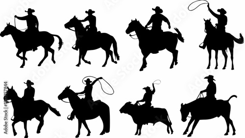 Cowboys riding horses with lassos in western silhouettes